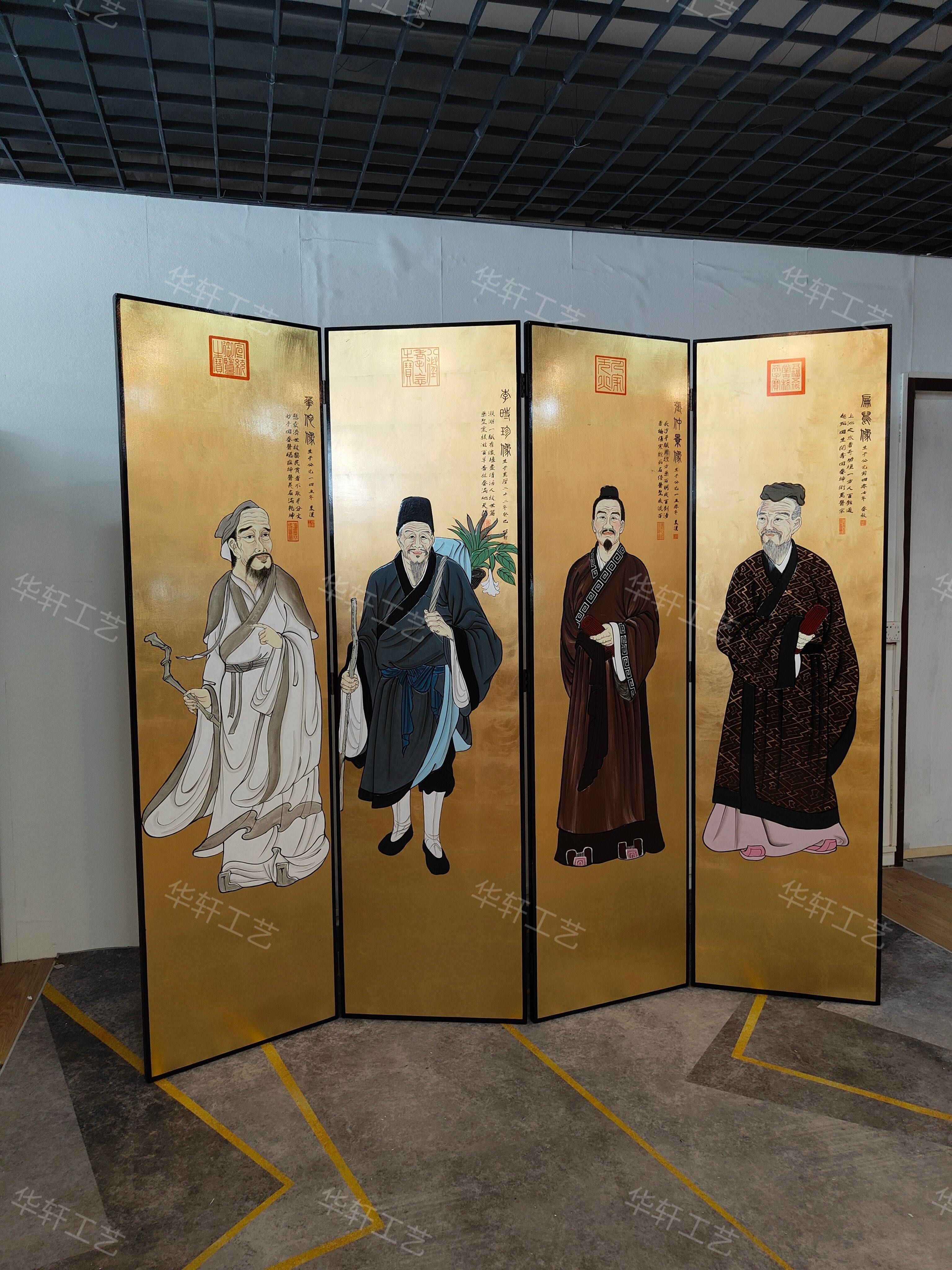 定制名画人物屏风手绘金箔古典漆画浮雕隔断玄关茶室酒店中古折叠