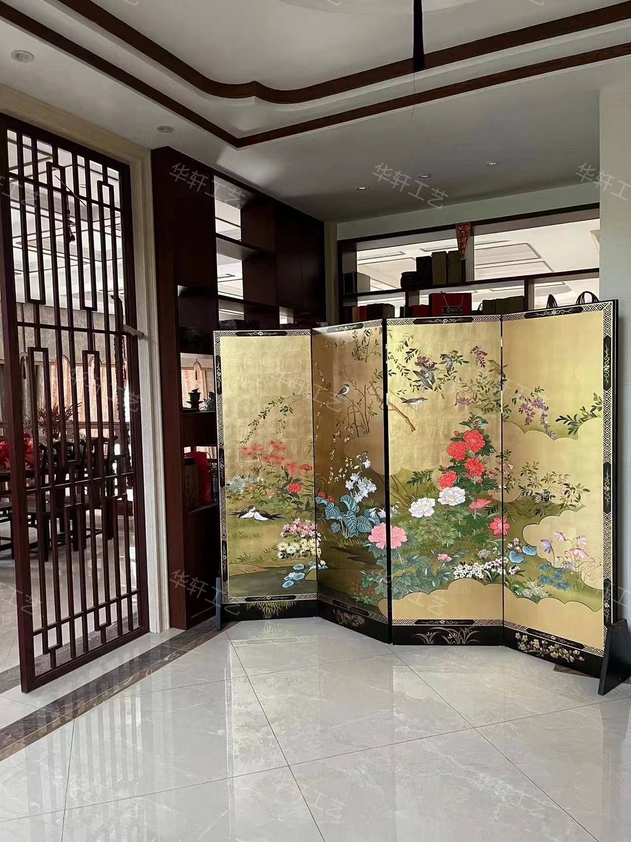 定制金箔花鸟屏风手绘漆画工艺客厅沙发酒店背景隔断玄关新中式画
