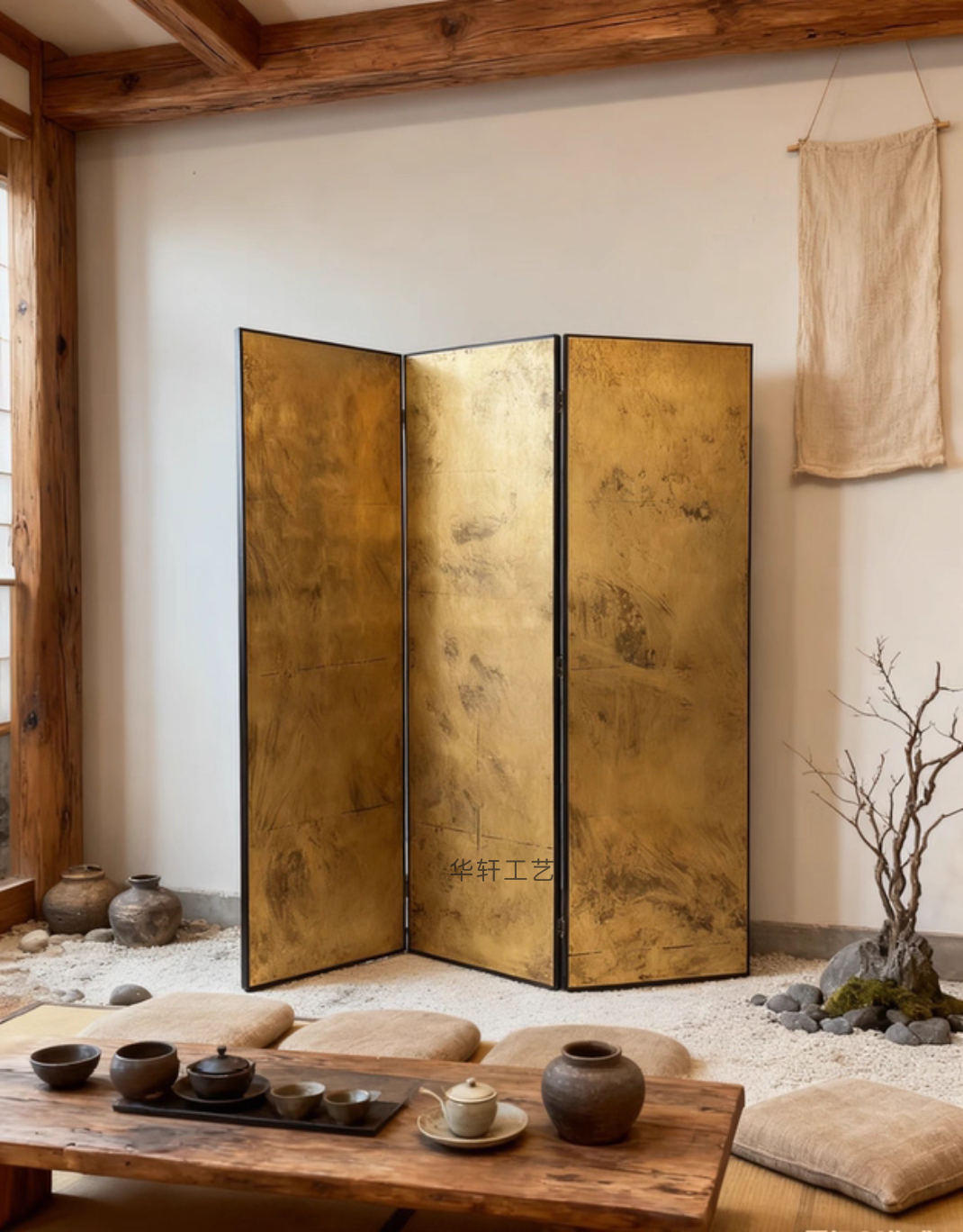 日式手绘复古做旧金箔效果屏风漆画折叠客厅茶室隔断移动玄关设计