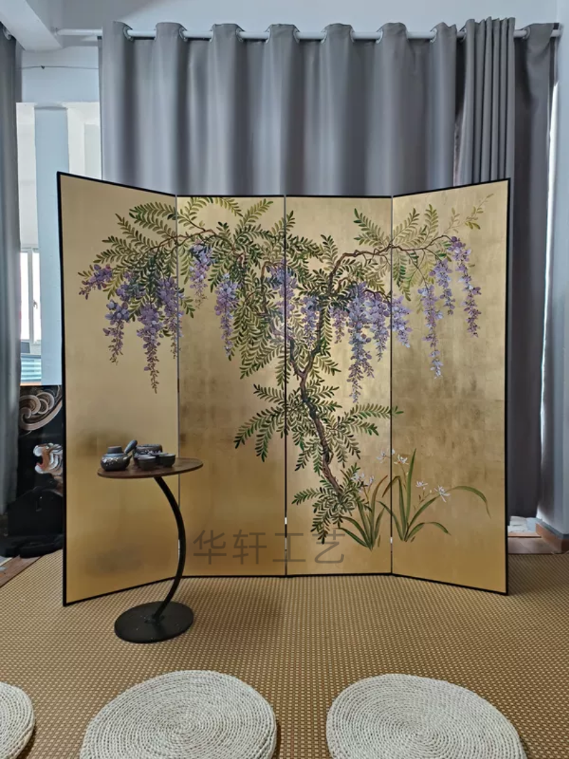 手绘金箔紫藤花漆画屏风客厅卧室茶室中古简约酒店折屏背景墙定制