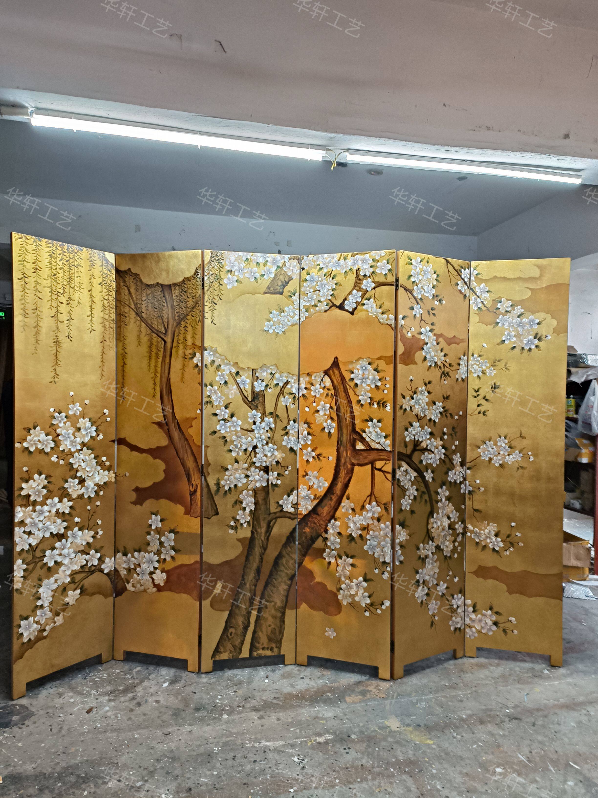 定制中古手绘金箔日式漆画屏风画屏樱花客厅餐厅折叠移动沙发背景