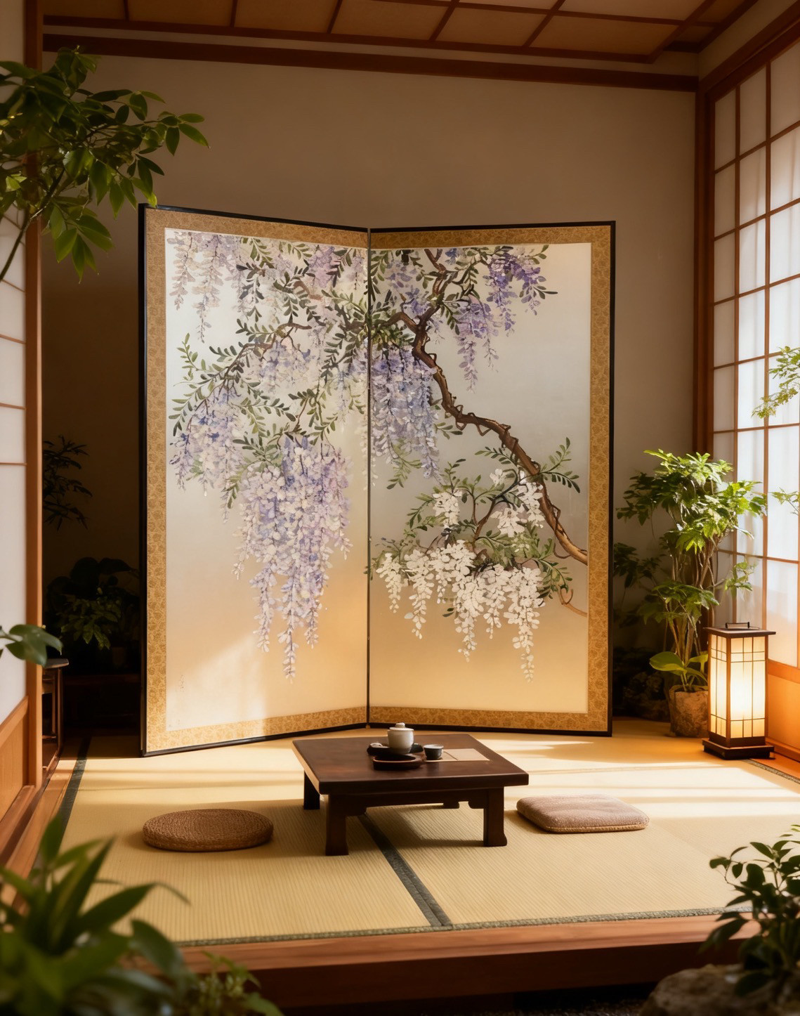 定制金箔手绘屏风花鸟图案紫藤花漆画隔断装饰沙发背景新中式风格