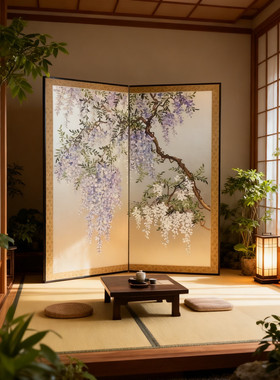 定制金箔手绘屏风花鸟图案紫藤花漆画隔断装饰沙发背景新中式风格