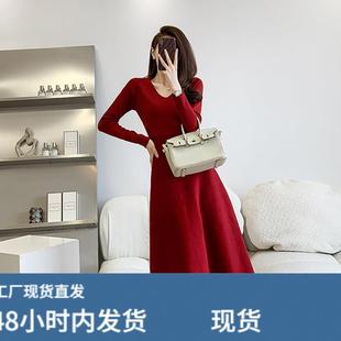 春秋季新款V领长袖针织洋装过膝A字裙中长版内搭毛衣法式小红裙