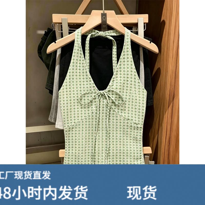 绿色波点挂脖吊带背心女夏季欧货辣妹风绑带性感外穿内搭无袖上衣