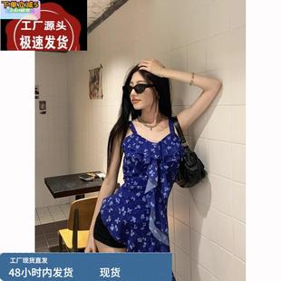 新款 甜辣妹气质荷叶边碎花吊带连衣裙女夏季 收腰显瘦裙子ins潮