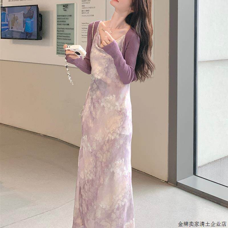 韩式披肩法式印花吊带裙套装时尚2025新女性夏季法式美丽连衣裙