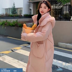粉色温柔风连帽羽绒外套女2025冬季新款中长版过膝棉服加厚保暖外
