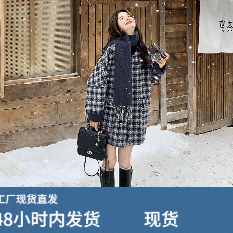 黑色格纹毛呢外套女冬季2025新款韩版复古休闲夹棉加厚中长款大衣