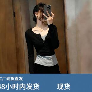 黑色半开领假两件长袖T恤2026新款女装洋派内搭可外穿打底衫上衣