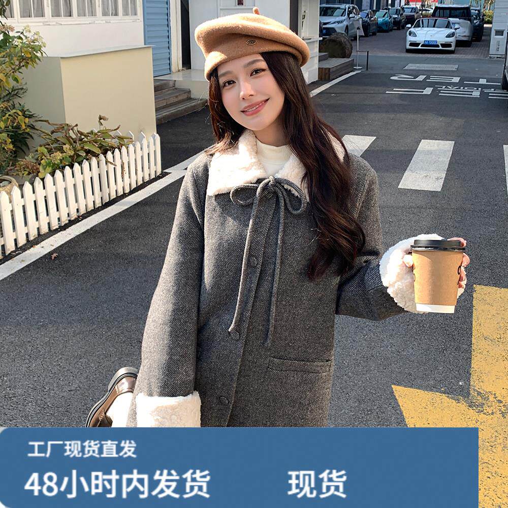 灰色羊羔毛拼接毛呢羽绒服女冬超火好看高级小众保暖加厚中长外套