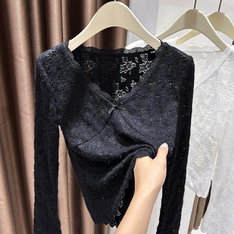 高端性感花边V领磨毛蕾丝打底衫女秋冬季内搭T恤喇叭袖蝴蝶结上衣,模玩/动漫/周边/娃圈三坑/桌游,Cosplay女装/cos女装,淘宝优惠券,粉丝福利购,淘宝优惠卷