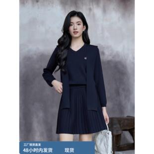 奢姿大码女装秋季蝴蝶结海军领上衣+百褶半身裙学院风针织两件套
