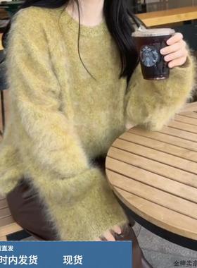 温柔慵懒风黄色软糯针织衫女秋冬欧货大牌气质宽松软糯毛衣高级感