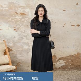大尺码女装黑色百褶连衣裙秋季V领蝴蝶结腰带收腰显瘦中长版裙