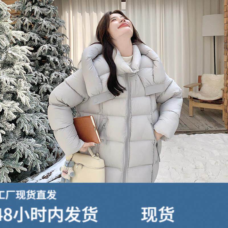 灰色泡芙羽绒服女冬季2025新款韩版宽松连帽加厚保暖白鸭绒面包服