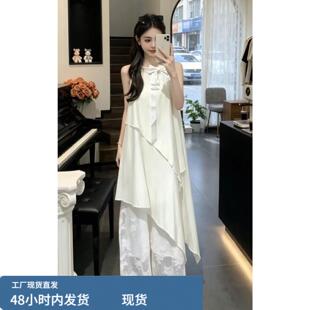 韩系设计感蝴蝶结背心连衣裙女2026夏季新款不规则网纱拼接长裙子