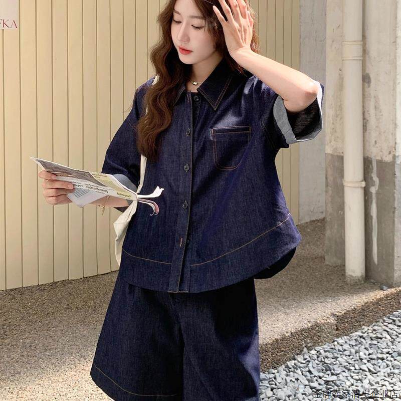 韩版学院风牛仔短袖衬衫套装女时尚2025夏韩系休闲短裤洋气两件套