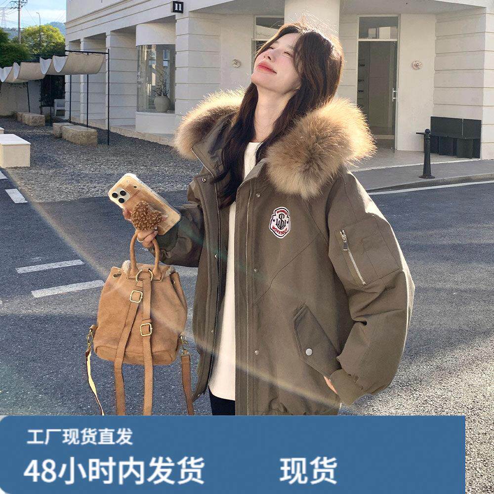 大毛领连帽军绿色派克羽绒服女冬超火好看高级感加绒加厚工装外套