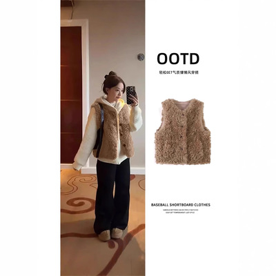 秋冬季皮毛一体羊羔绒外套咖色羊羔毛毛皮草马甲女外穿叠穿保暖背