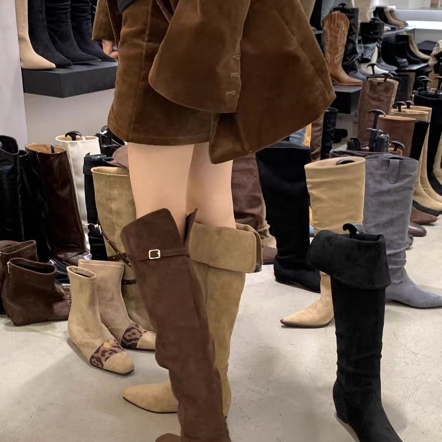 方头绒面高筒瘦瘦靴女两穿翻折内增高长筒靴内增高平底过膝骑士靴