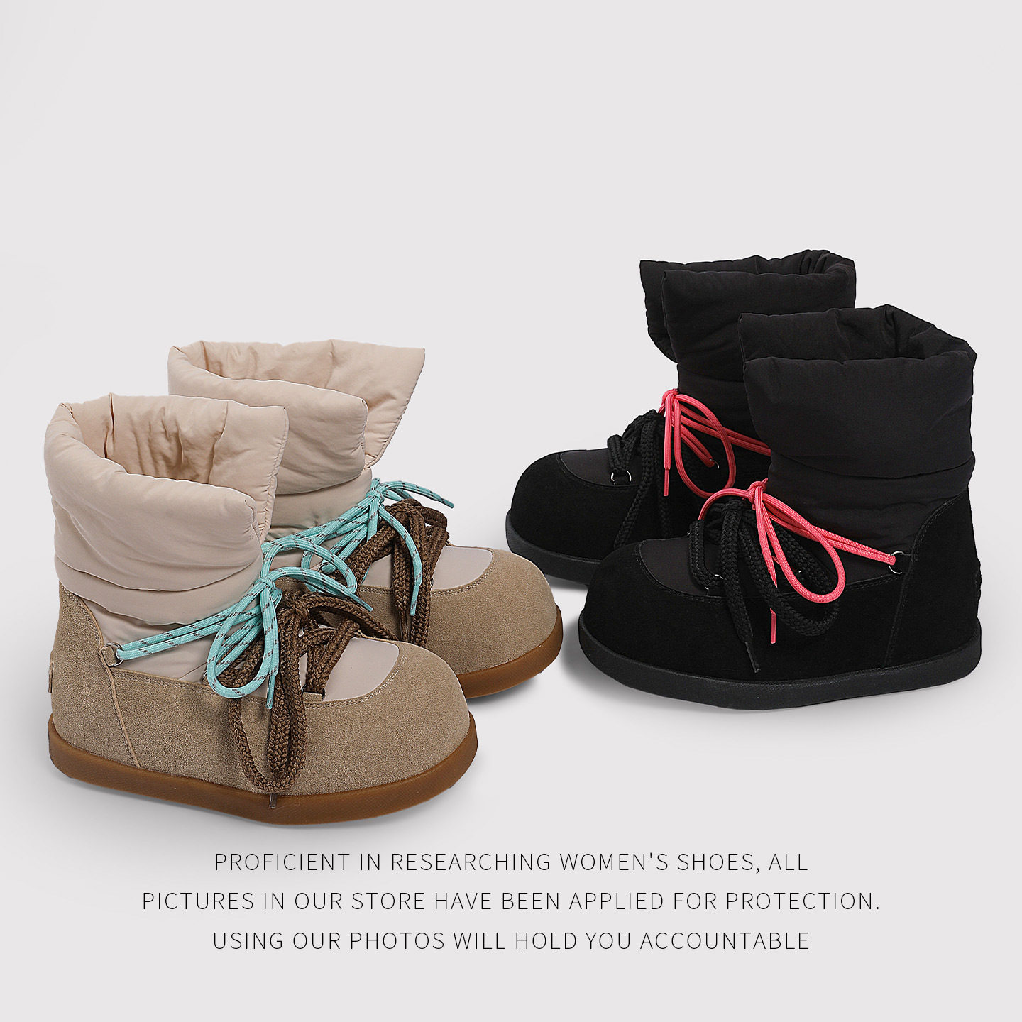 2025冬季保暖羽绒靴厚底撞色短筒防滑棉鞋系带雪地靴,女鞋,时尚雪地靴,淘宝优惠券,粉丝福利购,淘宝优惠卷