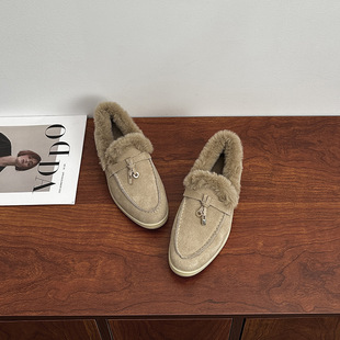 真皮~LP拖鞋外贸高版乐福鞋秋冬加绒包头羊毛懒人鞋平底毛毛鞋