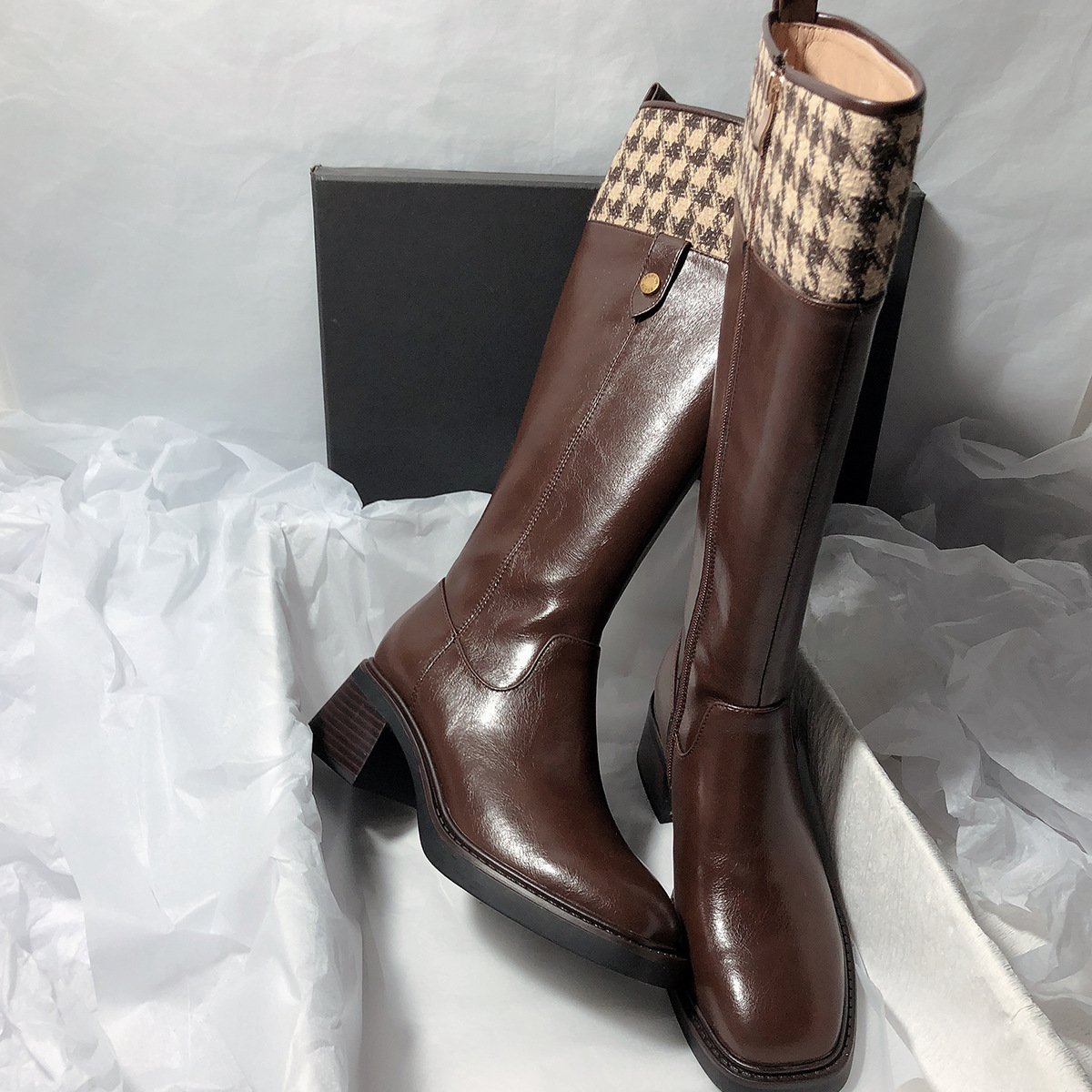 千鸟格方头粗跟不过膝长筒靴女2025秋冬新款厚底高跟骑士靴马丁靴