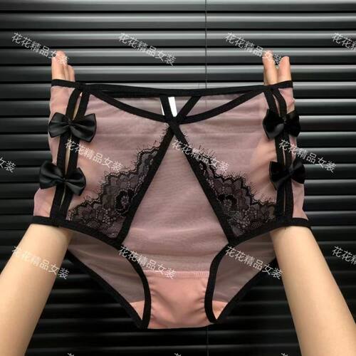 法式网纱性感纯欲镂空女士薄款蝴蝶结蕾丝内裤女中高腰透气三角裤