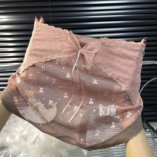 复古美拉德风网纱蝴蝶结透明内裤抗菌底档个性网红内裤 高腰 大码