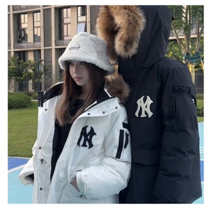 韩国羽绒服男女NY洋基队中长款大毛领连帽鹅绒情侣工装外套正品