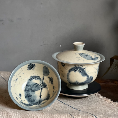 醉青堂 小雾垂露高古青花手绘萌宠系列盖碗 开心一笑的泡茶器