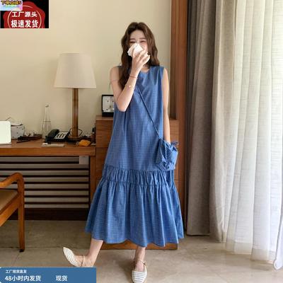 超好看蓝色格子无袖连衣裙女2025夏季新款韩版甜美小个子背心裙潮