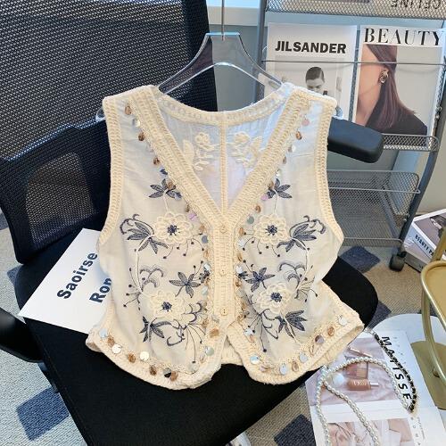 波西米亚重工流苏马甲女夏款高级感刺绣马夹背心法式v领无袖上衣
