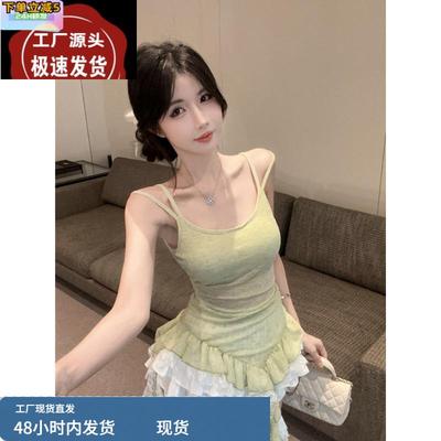 不规则黄色蕾丝吊带背心女夏季泰式辣妹一字肩抹胸小上衣独特绝美
