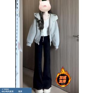 美式加绒微喇叭裤子女秋冬季新款初中高中学生宽松显瘦低腰牛仔裤