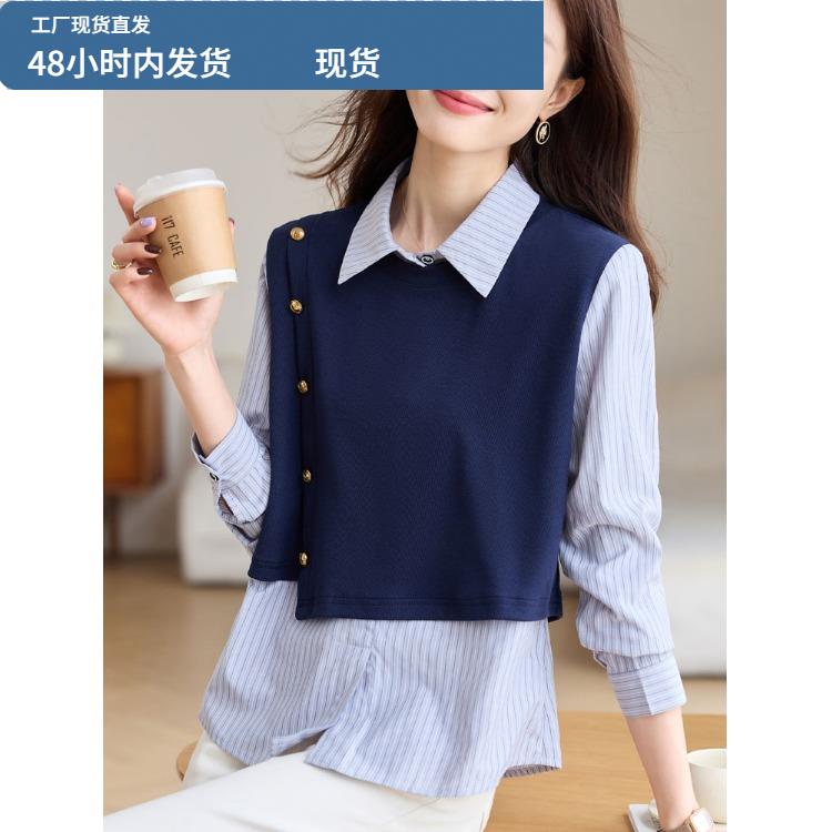 广州十三行女装2025新款大码爆款高端秋时尚慵懒风假两件长袖衬衫