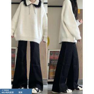 黑色加绒加厚牛仔裤女秋冬季新款初中高中学生低腰显瘦阔腿微喇叭