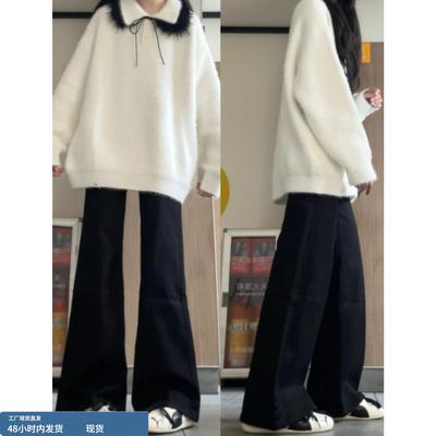 黑色加绒加厚牛仔裤女秋冬季新款初中高中学生低腰显瘦阔腿微喇叭