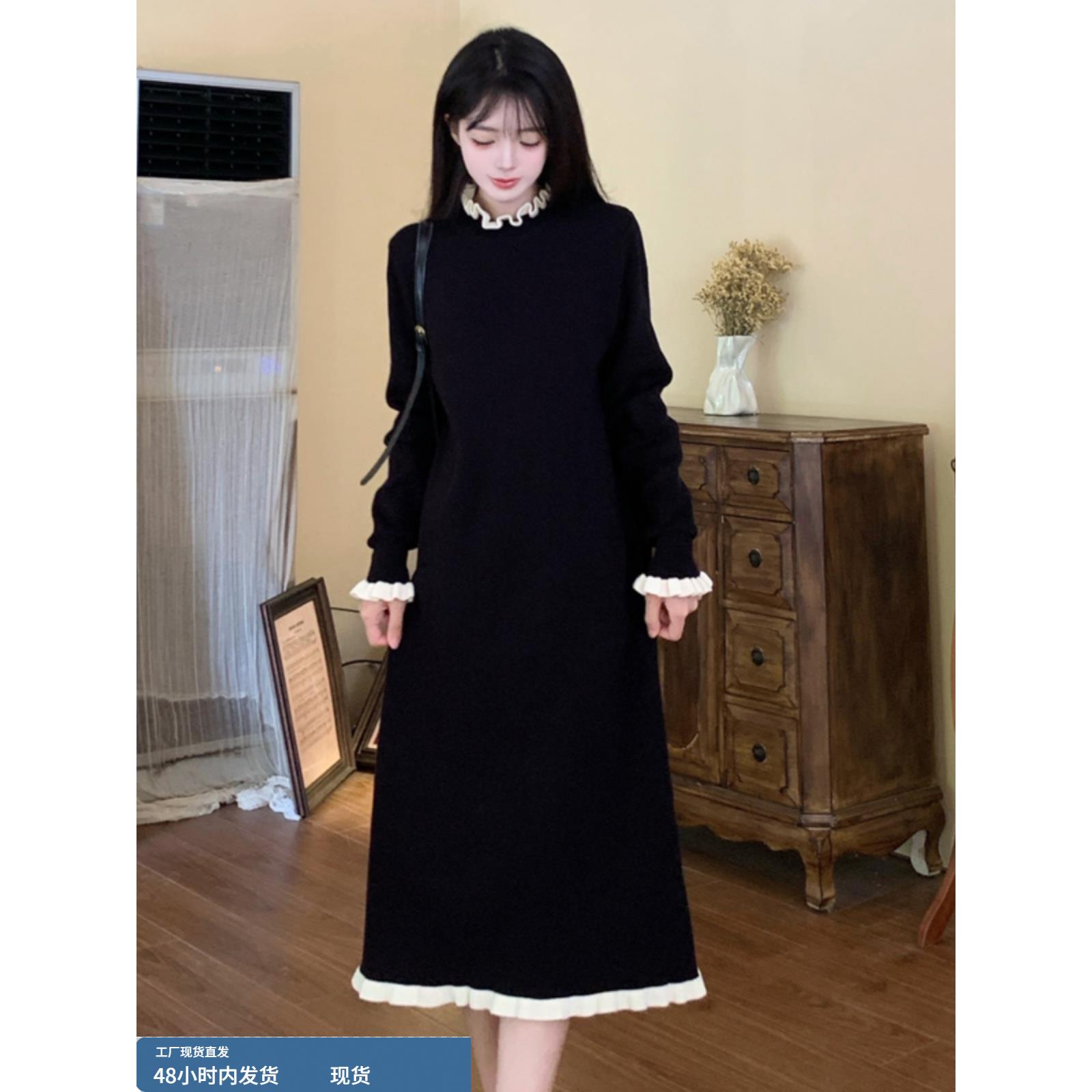 法式赫本风黑色针织连衣裙女秋冬大码胖mm气质显瘦内搭打底毛衣裙