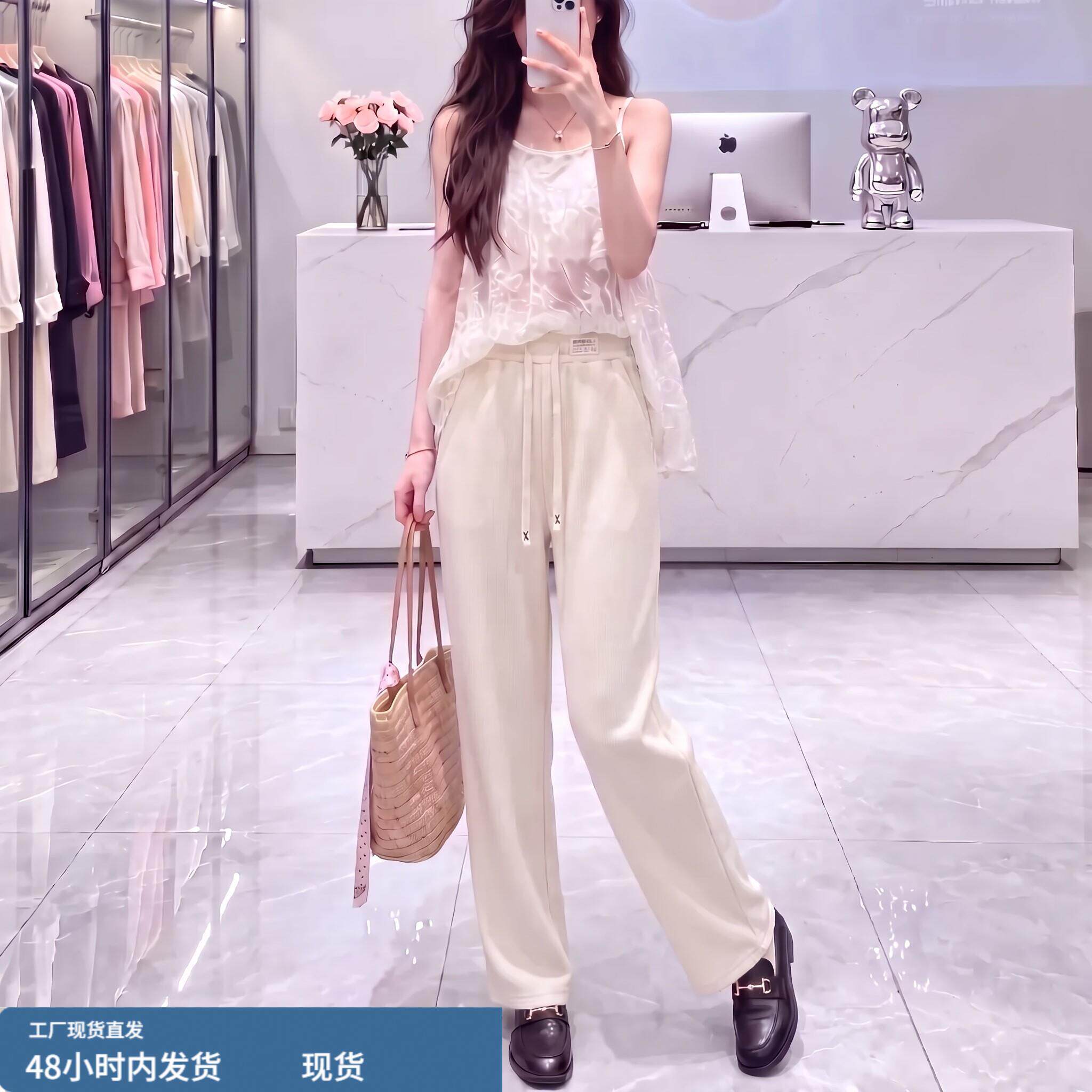 老钱风高腰直筒裤女卡其色垂坠感阔腿裤松弛静奢风大码女装