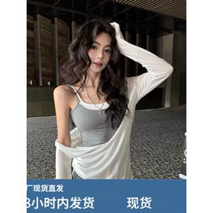 辣妹撞色假两件吊带背心短款内搭长袖防晒罩衫运动休闲短裤三件套
