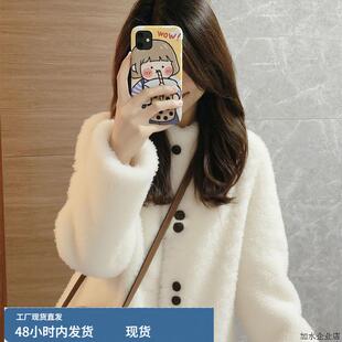 独特漂亮的初冬白色立领小个子毛茸茸短款羊羔绒棒球服外套女冬季