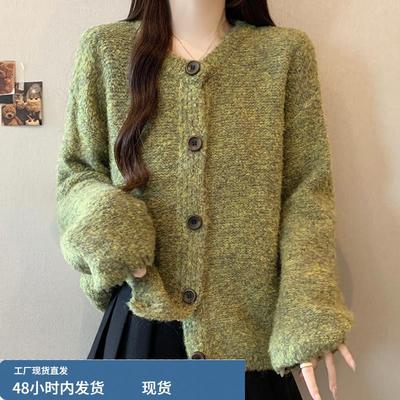 毛衣女秋冬高级感软糯慵懒风宽松开衫外套圆领针织衫韩系绿色上衣