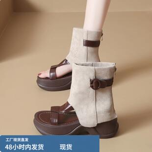 厚底增高凉鞋女款2026新款夏季松糕凉靴西部牛仔旅游靴子裤管短靴