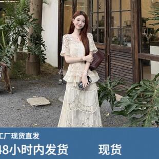 设计感钩花镂空短袖T恤女夏季2026新款洋派宽松百搭半身裙两件套