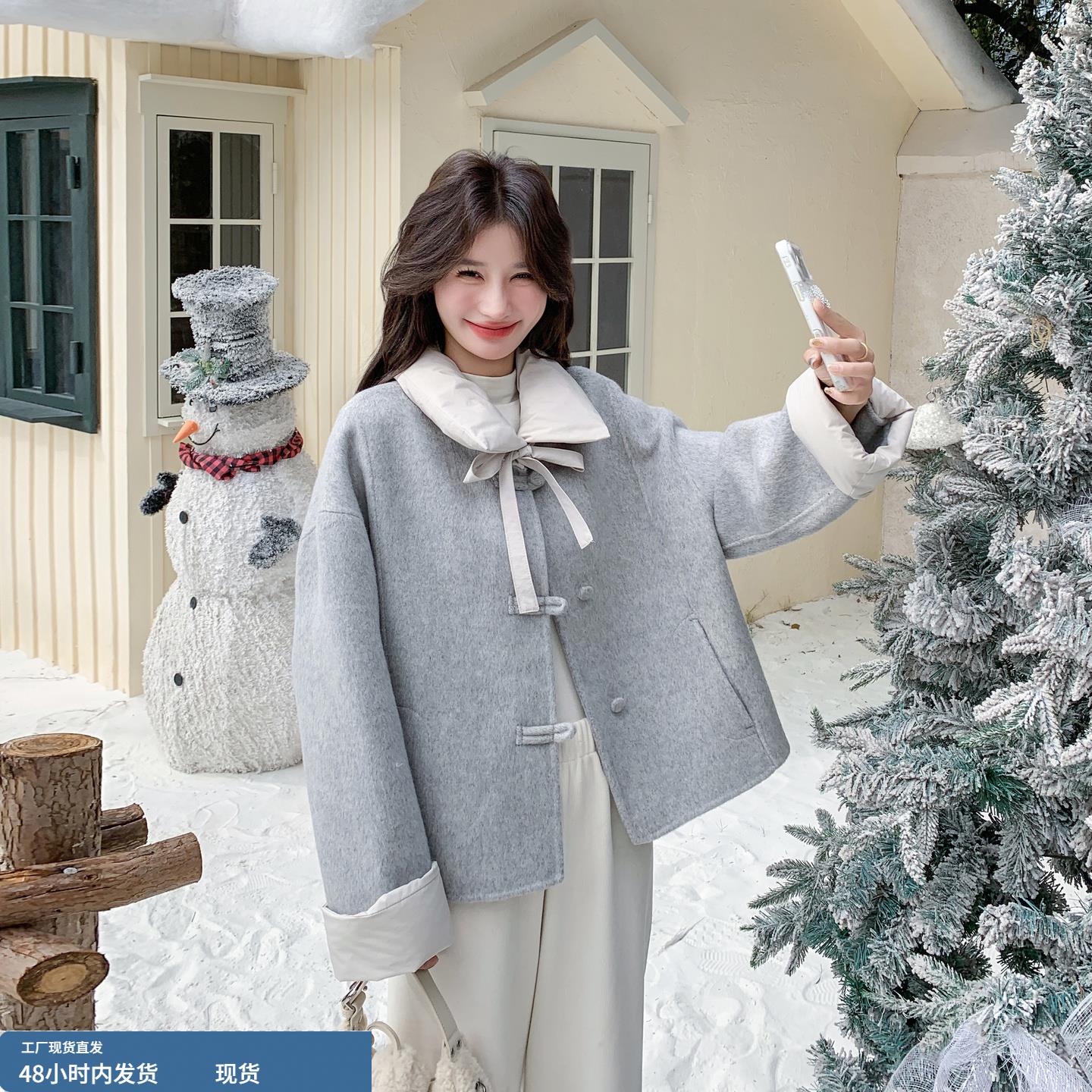 灰色减龄氛围感毛呢羽绒服女冬季2025新款90白鸭绒轻暖呢子短大衣