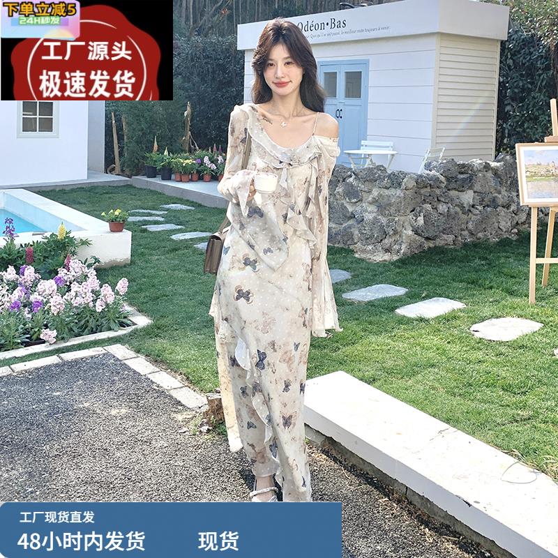 独特绝美名媛风印花连衣裙女夏超好看性感露肩吊带收腰长裙子及踝