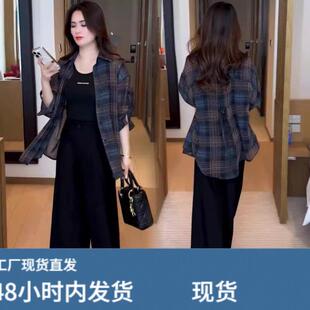 polo领格子长袖衬衫女夏季薄款中长版外套休闲百搭宽松防晒衫上衣