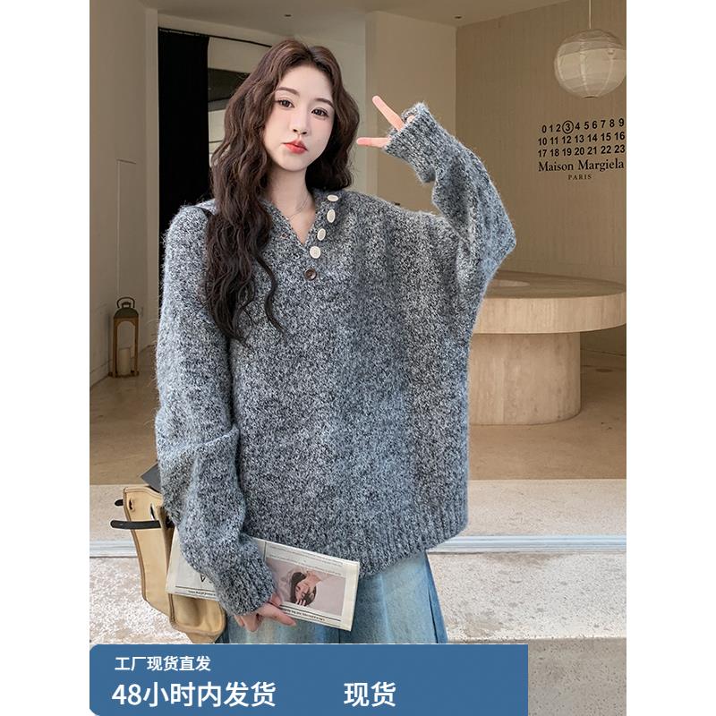 灰色雪花连帽套头毛衣女春秋2025今年流行韩系休闲慵懒风针织上衣